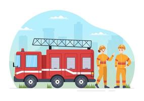 departamento de bomberos con bomberos extinguiendo la casa, el bosque y ayudando a las personas en diversas situaciones en una ilustración de caricatura dibujada a mano plana vector