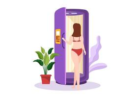 procedimiento de cama de bronceado para obtener una piel exótica con tecnología moderna en el solarium del salón de spa en dibujos animados planos dibujados a mano ilustración de plantillas vector