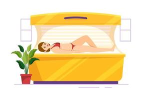 procedimiento de cama de bronceado para obtener una piel exótica con tecnología moderna en el solarium del salón de spa en dibujos animados planos dibujados a mano ilustración de plantillas vector