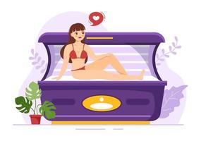 procedimiento de cama de bronceado para obtener una piel exótica con tecnología moderna en el solarium del salón de spa en dibujos animados planos dibujados a mano ilustración de plantillas vector