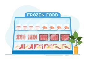 Frozen Food Store with Products Vacuumed using Foil and Pouch Packaging to be Fresh in Hand Drawn Cartoon Template Illustration vector