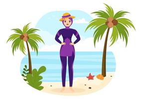 traje de baño con diferentes diseños de bikinis y trajes de baño para mujeres en la playa de verano en dibujos animados de estilo plano ilustración de plantillas dibujadas a mano vector