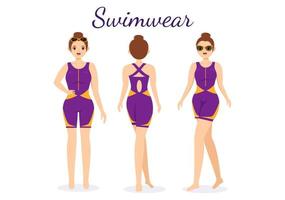 traje de baño con diferentes diseños de bikinis y trajes de baño para mujeres en la playa de verano en dibujos animados de estilo plano ilustración de plantillas dibujadas a mano vector