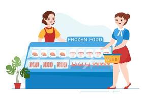 Frozen Food Store with Products Vacuumed using Foil and Pouch Packaging to be Fresh in Hand Drawn Cartoon Template Illustration vector