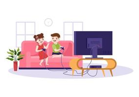 Video Game with Kids Playing Gamepad Controllers Fighting Console on Android Mobile Computer in Flat Cartoon Hand Drawn Template Illustration vector