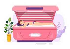 procedimiento de cama de bronceado para obtener una piel exótica con tecnología moderna en el solarium del salón de spa en dibujos animados planos dibujados a mano ilustración de plantillas vector