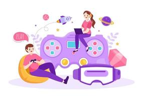 Video Game with Kids Playing Gamepad Controllers Fighting Console on Android Mobile Computer in Flat Cartoon Hand Drawn Template Illustration vector