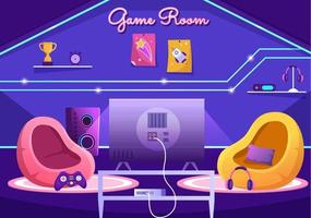 Video Game Room Interior with Android Mobile Computer and Comfortable Armchairs for Gamers in Flat Cartoon Hand Drawn Template Illustration vector