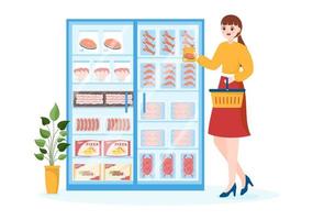 Frozen Food Store with Products Vacuumed using Foil and Pouch Packaging to be Fresh in Hand Drawn Cartoon Template Illustration vector