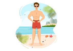 traje de baño con diferentes diseños de pantalones o ropa interior para hombres en la playa de verano en dibujos animados de estilo plano ilustración de plantillas dibujadas a mano vector