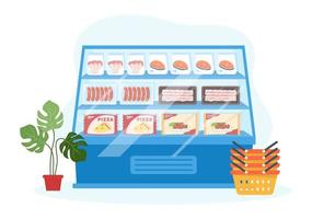 Frozen Food Store with Products Vacuumed using Foil and Pouch Packaging to be Fresh in Hand Drawn Cartoon Template Illustration vector