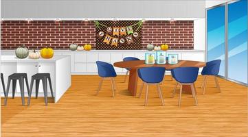 Thanksgiving Background Scene with Kitchen and Dining Table. Vector Illustration