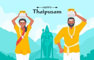 Man and Women Celebrating Thaipusam Day in front of Lord Murugan Statue vector