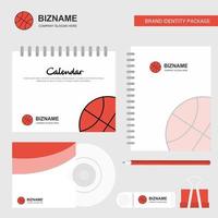 plantilla de calendario de logotipo de basket ball diario de portada de cd y plantilla de vector de diseño de paquete estacionario de marca usb