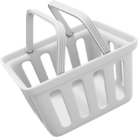 Weißer fliegender Einkaufskorb aus Kunststoff mit Griffen. png-Symbol auf transparentem Hintergrund. 3D-Rendering. png