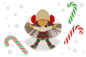 Christmas blonde rag doll as a snow angel with candy canes png