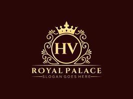 Letter HV Antique royal luxury victorian logo with ornamental frame. vector