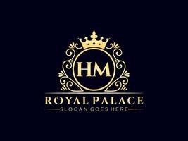 Letter HM Antique royal luxury victorian logo with ornamental frame. vector