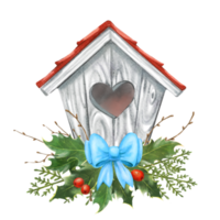 watercolor illustration of a birdhouse with coniferous branches, leaves, twigs and a blue bow png