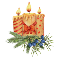 bellissimo carta allegro Natale con caldo candele, thuja rametti, abete rosso, pino e ginepro rami png