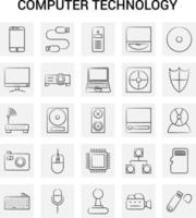 25 Hand Drawn Computer Technology icon set Gray Background Vector Doodle