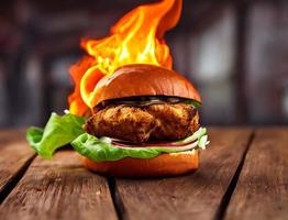 Chicken burger. Fresh tasty burger with fried chicken meat. photo