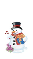 gros bonhomme de neige avec chapeau noir et costume d'écharpe rouge tient une boîte-cadeau et une canne en bonbon de noël et une boîte-cadeau sur la neige. image aquarelle dessinée à la main.
