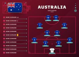 australia line-up world Football 2022 tournament final stage vector illustration. Country team lineup table and Team Formation on Football Field. soccer tournament Vector country flags