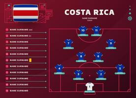 costa rica line-up world Football 2022 tournament final stage vector illustration. Country team lineup table and Team Formation on Football Field. soccer tournament Vector country flags