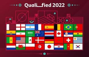 2022 football cup national flag set on tournament background. Flags of all countries participating in the final part of soccer 2022 competition in 8 groups. Vector illustration