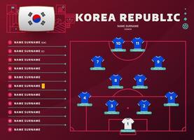 ilustración vectorial de la etapa final del torneo de fútbol mundial 2022 de la alineación de la república de corea. tabla de alineación del equipo de campo y formación de equipo en el campo de fútbol. torneo de fútbol vector banderas de países