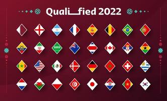 2022 football cup national flag set. Flags of all countries participating in the final part of soccer 2022 competition in 8 groups. Vector illustration