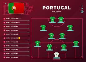 portugal line-up world football 2022 torneo etapa final ilustración vectorial. tabla de alineación del equipo de campo y formación de equipo en el campo de fútbol. torneo de fútbol vector banderas de países