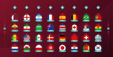 2022 football cup national flag set. Flags of all countries participating in the final part of soccer 2022 competition in 8 groups. Vector illustration