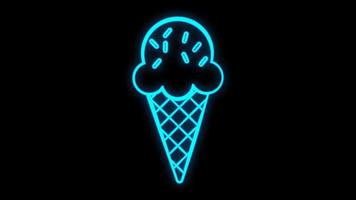 Glowing neon sign of ice cream with cherry on dark brick wall background. Fruit ice-cream in waffle cone vector