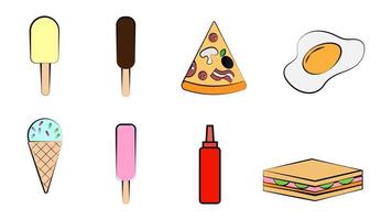 Set of eight icons of items of delicious food and snacks for a cafe bar restaurant on a white background ice cream, pizza, egg, ketchup, sandwich vector