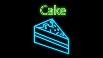 Cake slice neon sign. Luminous signboard with birthday treat. Night bright advertisement. Vector illustration in neon style for celebration, menu, bakery