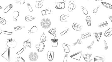 Black and white endless seamless pattern of food and snack items icons set for restaurant bar cafe hot dog, ice cream, greens, chicken, fries, eggs, pizza, fish, canned food, eggs. The background vector