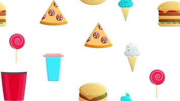 Endless white seamless pattern from a set of icons of delicious food and snacks items for a restaurant bar cafe burger, popcorn, pizza, ice cream, coffee, candy. The background vector