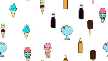 Endless white seamless pattern from a set of icons of delicious food and snacks items for a cafe bar restaurant ice cream, syrup, soda. The background vector