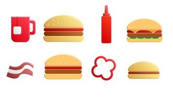 Set of eight icons of items of delicious food and snacks for a cafe bar restaurant on a white background tea, burger, ketchup, bacon, jalapeno pepper vector