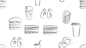 Black and white endless seamless pattern of food and snack items icons set for restaurant bar cafe egg, mushroom, fish, canned food, onion, pizza, greens. The background vector