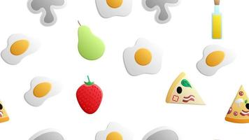 Endless white seamless pattern of delicious food and snack items icons set for restaurant bar cafe pizza, mushrooms, strawberry, egg, pear, olive oil. The background vector