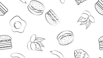 Black and white endless seamless pattern of a set of food items and snacks icons for a restaurant bar cafe burger, pistachios, egg, cheese, cucumber. The background vector