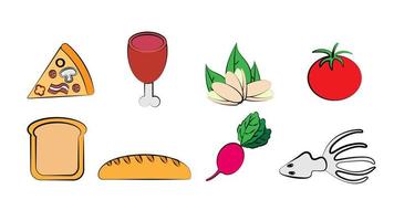 A set of eight icons of items of delicious food and snacks for a cafe bar restaurant on a white background pizza, meat, ham, pistachios, tomato, bread, loaf, radish, squid vector