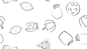 Black and white endless seamless pattern of food and snack items icons set for restaurant bar cafe lemon, apple, chicken, cheese, pizza, sausage, can, pepper. The background vector