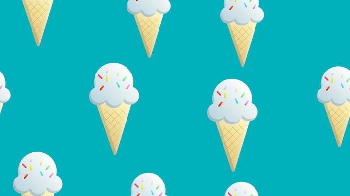 ice cream with berry balls in a waffle glass on a blue background, vector illustration, pattern. milk dessert. berry balls with sugar sprinkles. wallpaper for kitchen