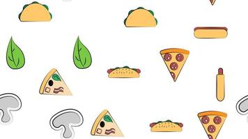 Endless white seamless pattern from a set of icons of delicious food and snacks items for a restaurant bar cafe pizza, hot dog, burrito, pizza, greens. The background vector