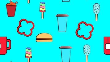 Endless blue seamless pattern of delicious food and snack items icons set for restaurant bar cafe ice cream, tea, bacon, jalapeno pepper, chicken, soda, burger. The background vector