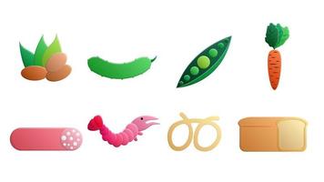 Set of eight icons of items of delicious food and snacks for a cafe bar restaurant on a white background nuts, cucumber, peas, carrots, sausage, bread, shrimp, pretzel vector